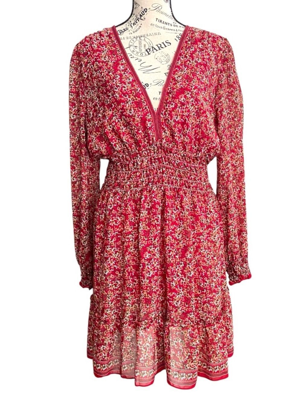 Max Studio Red Floral V-Neck Smocked Waist Dress in Size Large